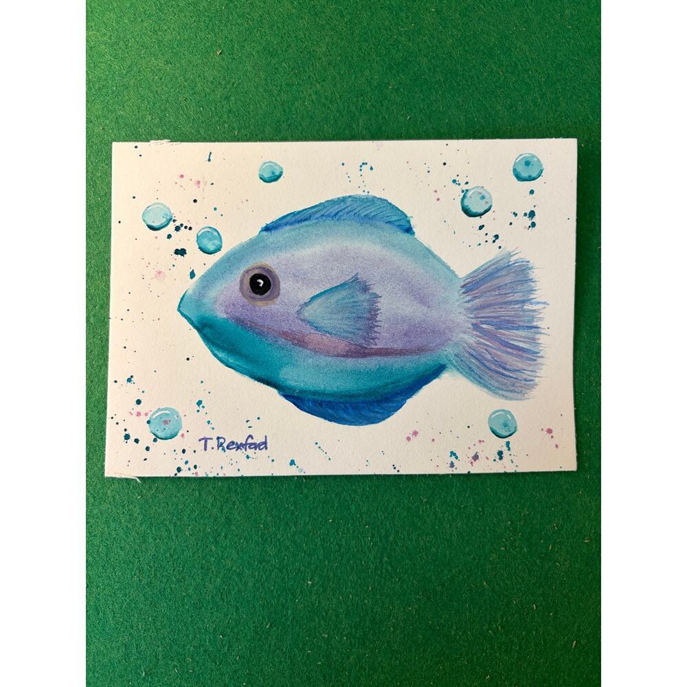Hand painted watercolor original painting blue purple fish bubbles